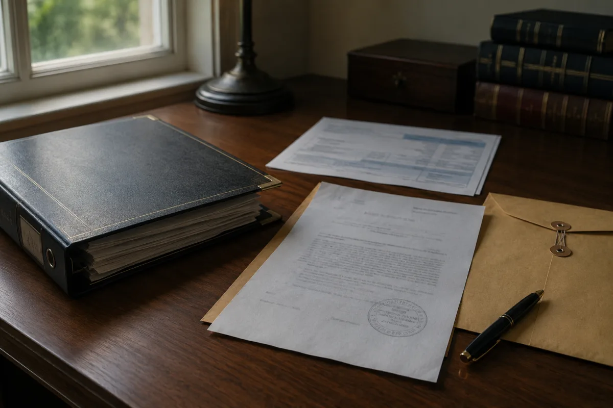 Trust documents, deed, death certificate, and property tax bill arranged on a desk