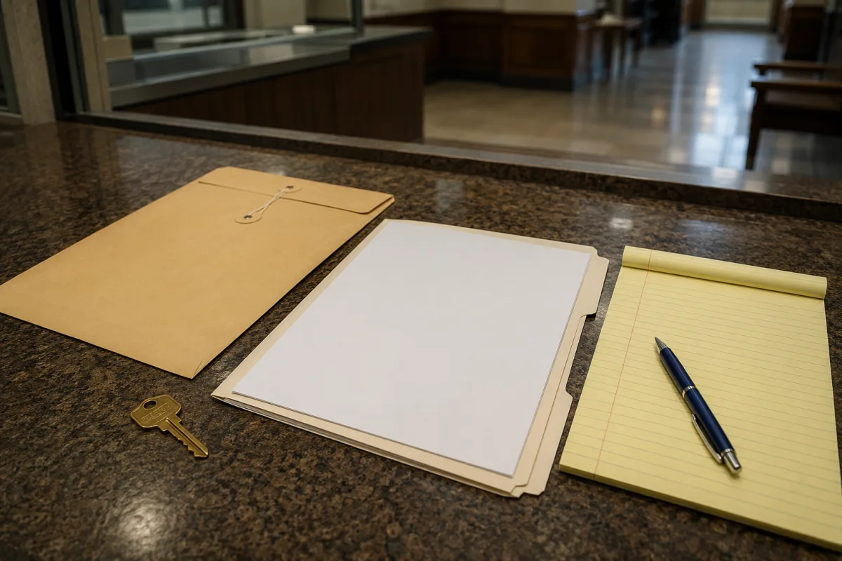 House key beside recorded property documents and a county recorder envelope