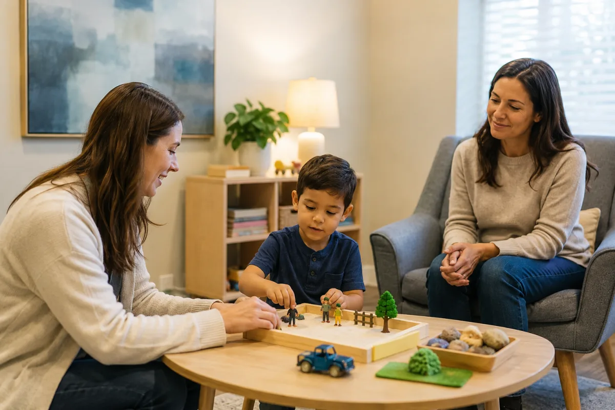 Child therapist using low-pressure play for selective mutism