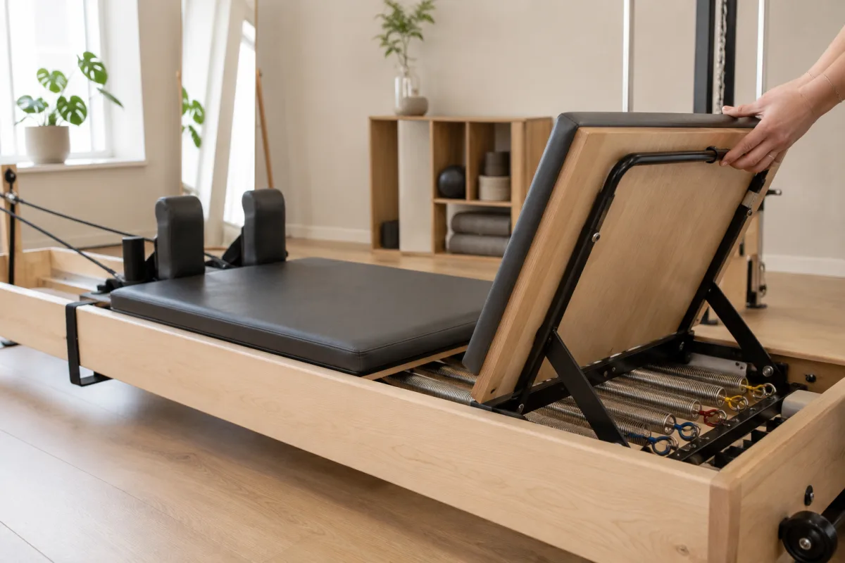 Pilates reformer jump board attached securely at the foot end