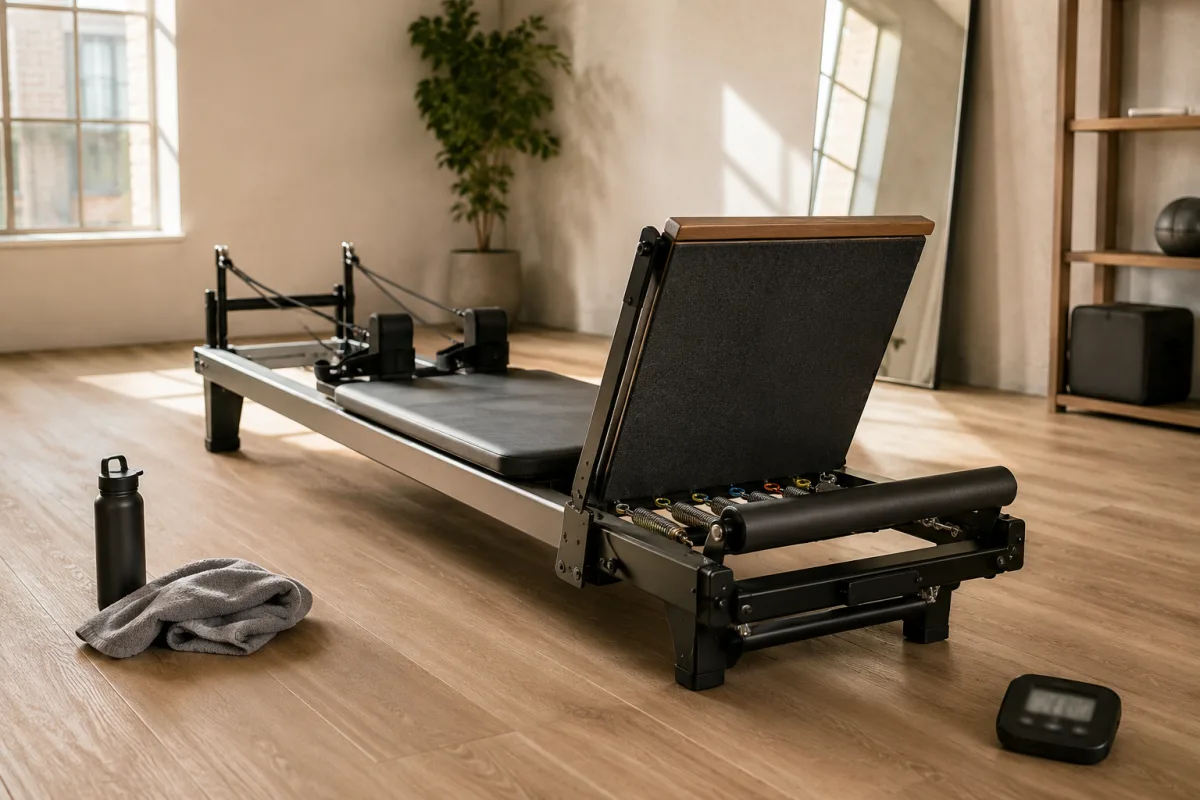 Pilates reformer jump board workout setup with springs and timer