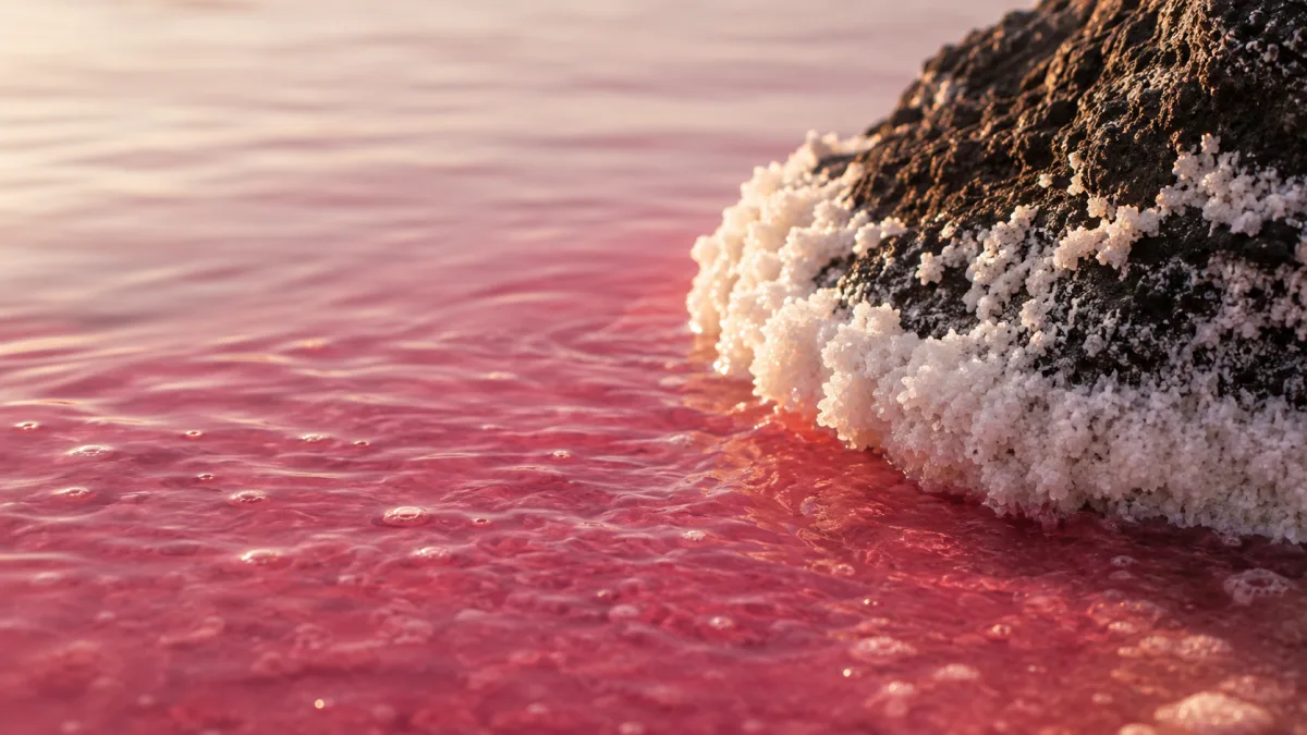 Close-up of the vivid pink and magenta hypersaline water of the Great Salt Lake's north arm beside the Spiral Jetty