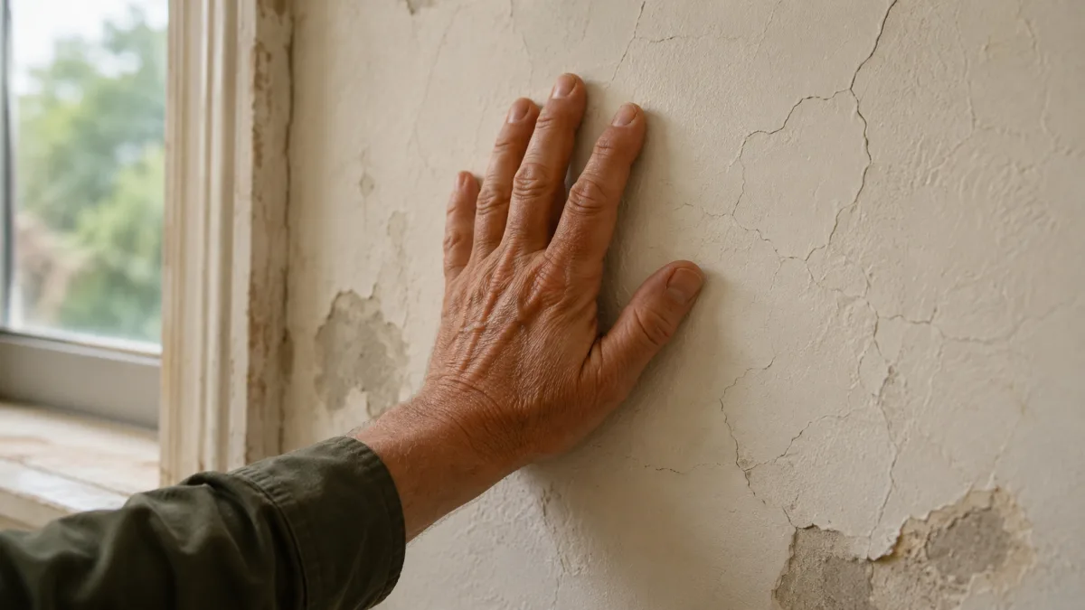 Person tapping old plaster wall to test for hollow sections before wallpapering