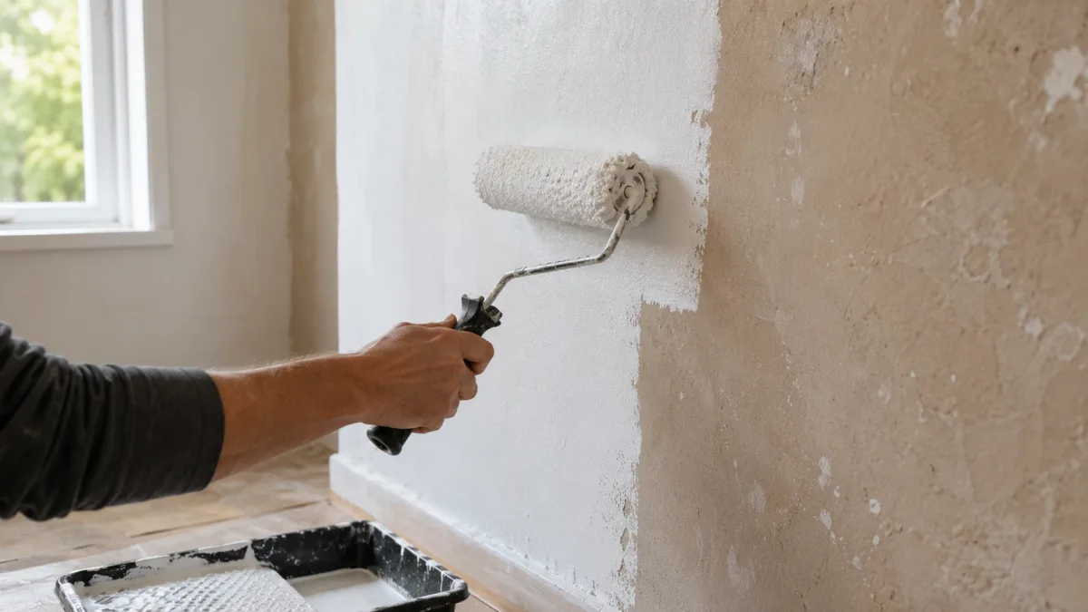Rolling wallpaper primer onto a plaster wall before hanging wallpaper