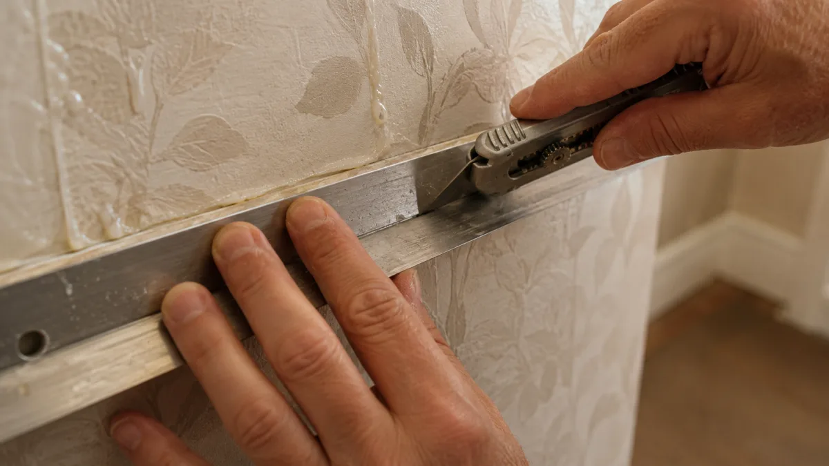 Cutting through overlapping wallpaper strips with a utility knife and metal straightedge for a double-cut seam