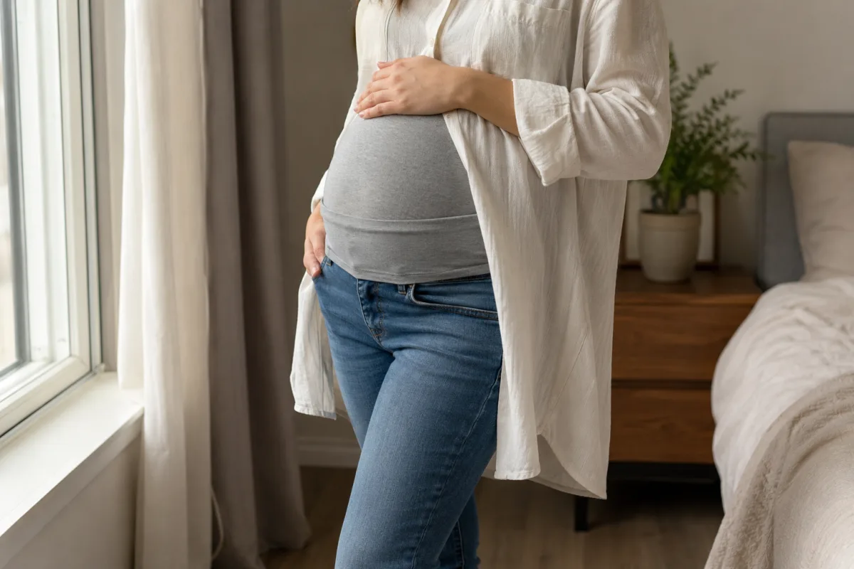 Soft belly band layered over unbuttoned pregnancy jeans