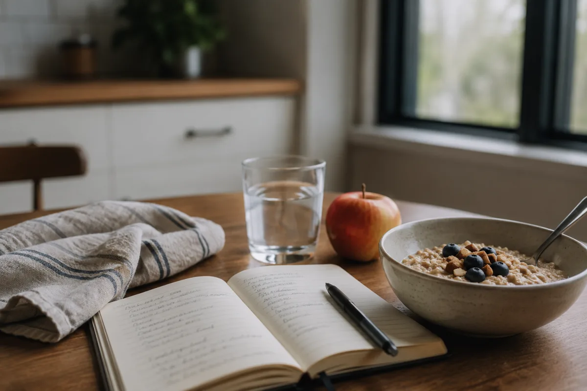 Simple food journal notebook with meal notes and water