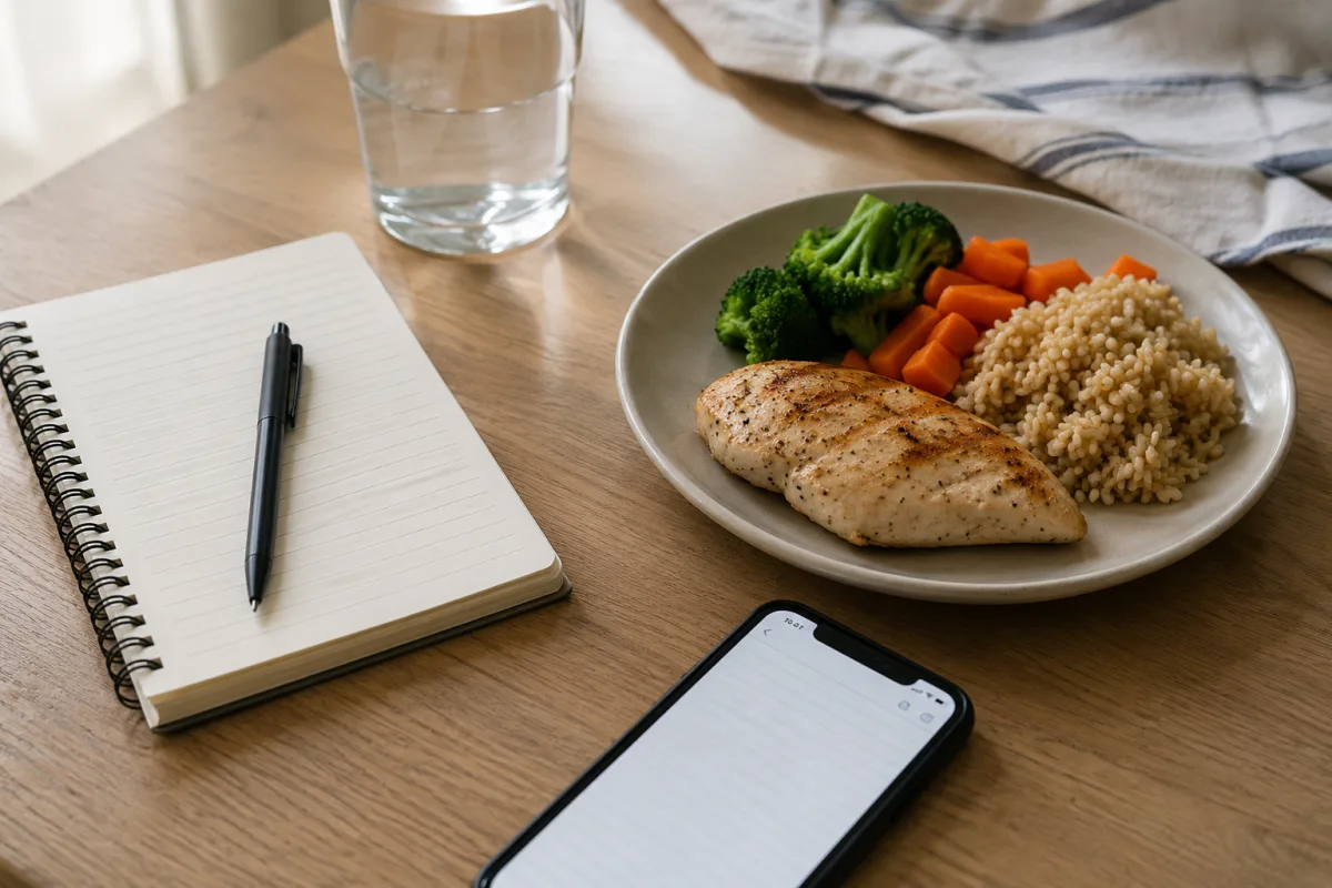 Food journal options with notebook, phone, and simple meal photo