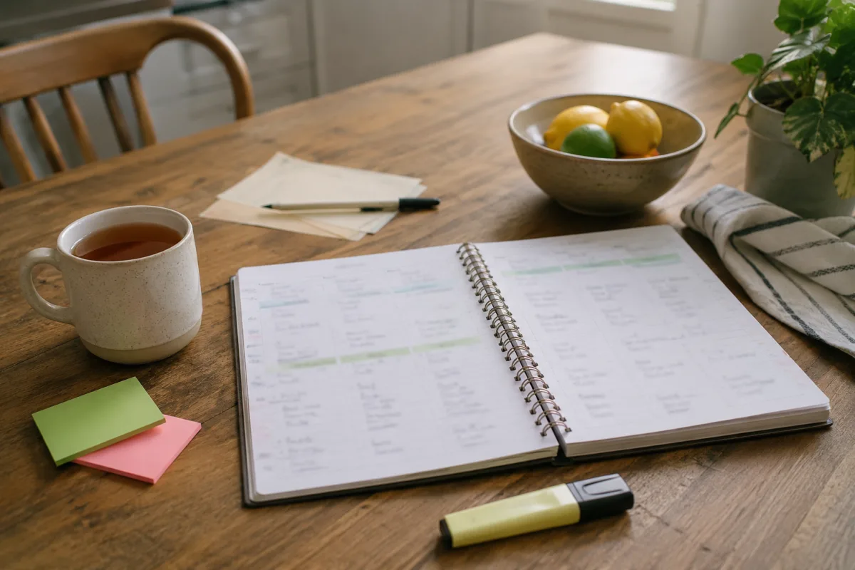 Reviewing a weekly food journal beside tea and highlighter