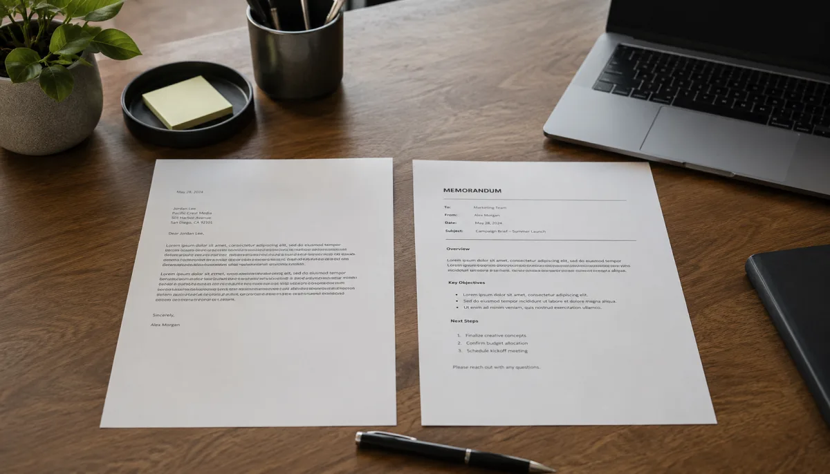 Business letter and memo drafts side by side on a desk