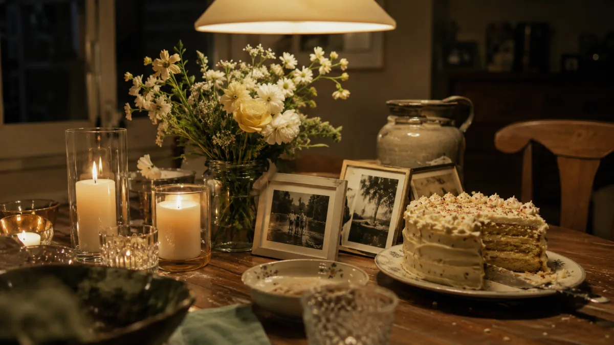 A table set for a small intimate gathering with candles, flowers and framed photographs