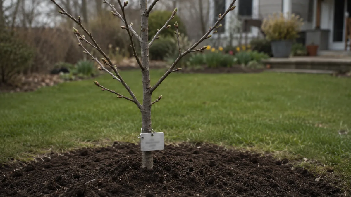 A young tree planted in a garden with a small metal name tag attached to the trunk