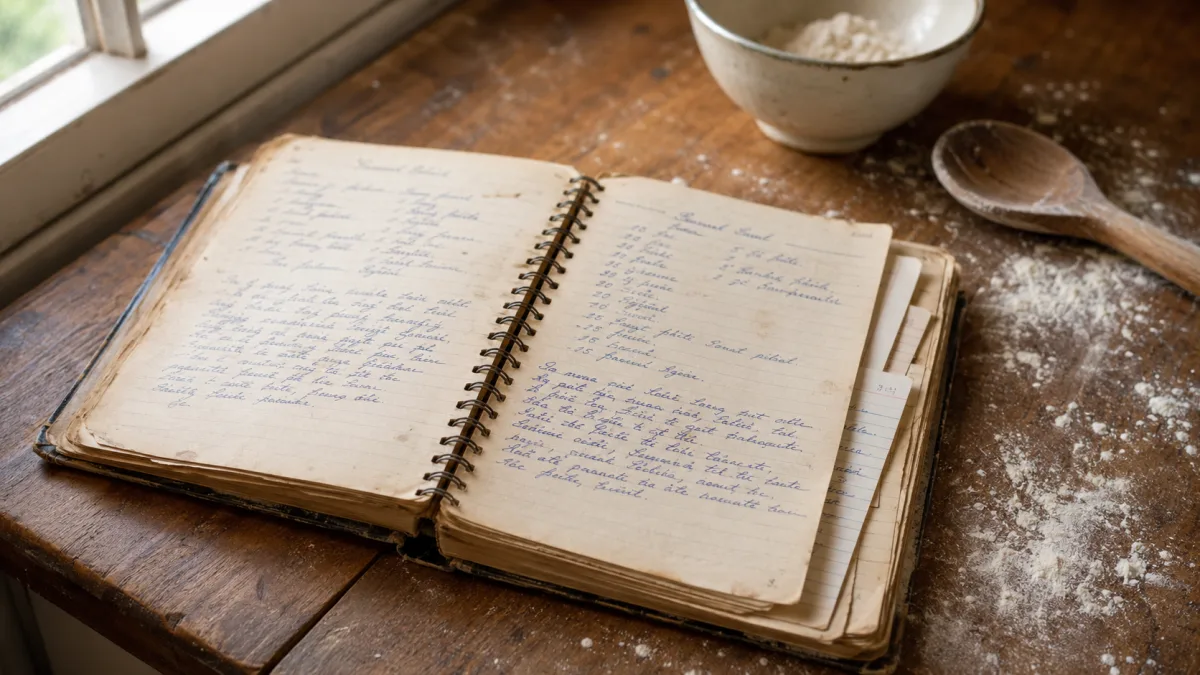 An open handwritten recipe book on a kitchen counter surrounded by baking ingredients