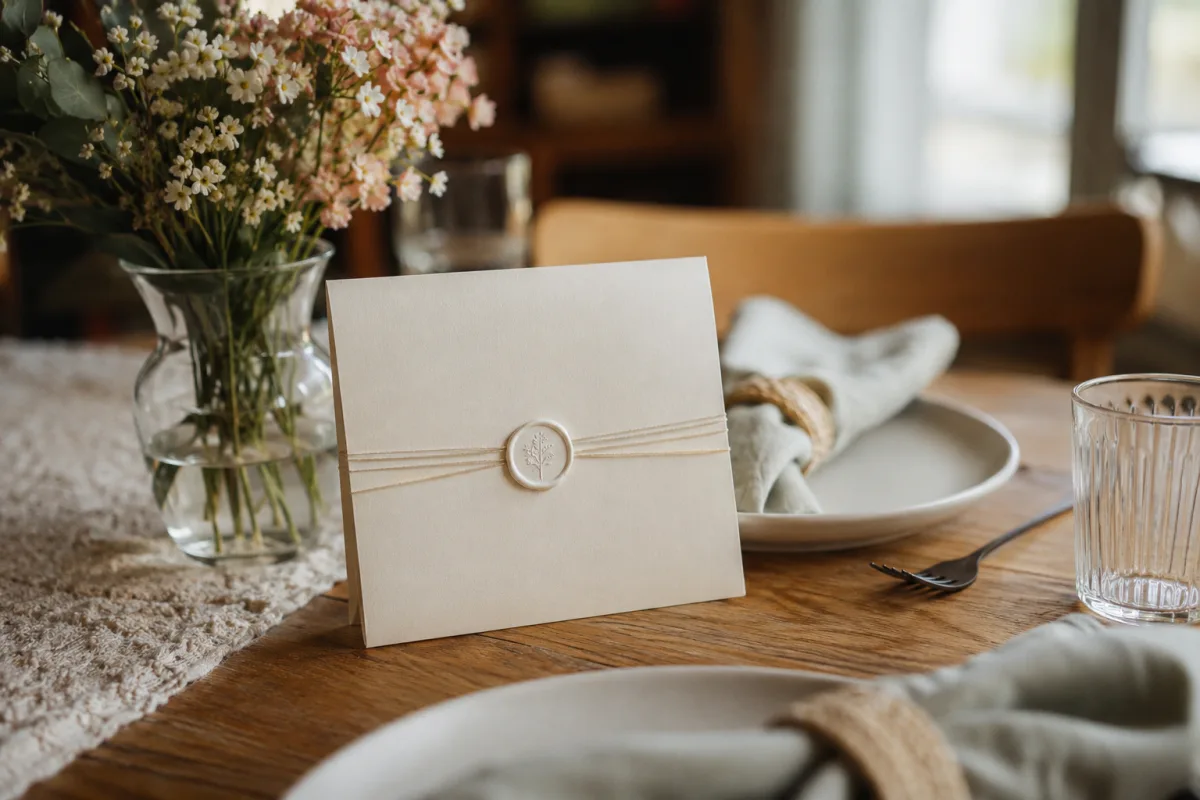 Simple baby reveal card on a dinner table