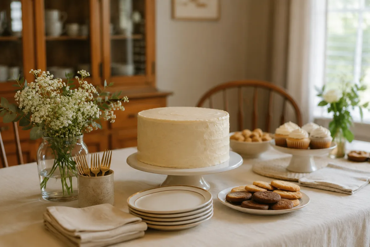 Family dessert table with a covered reveal cake