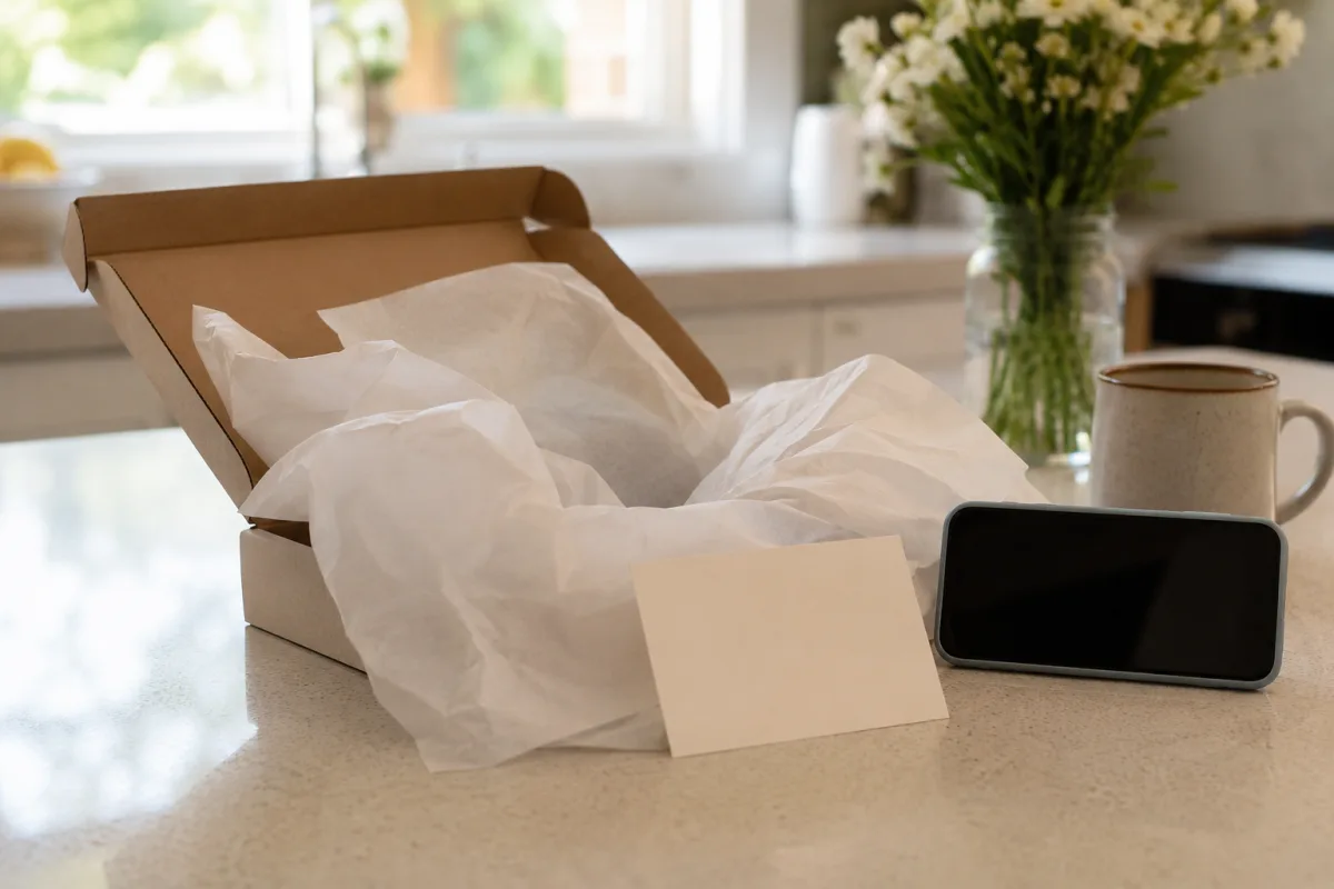 Small mailed baby reveal package beside a phone for video call
