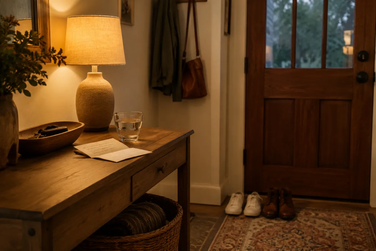 Warm entryway prepared for husband coming home
