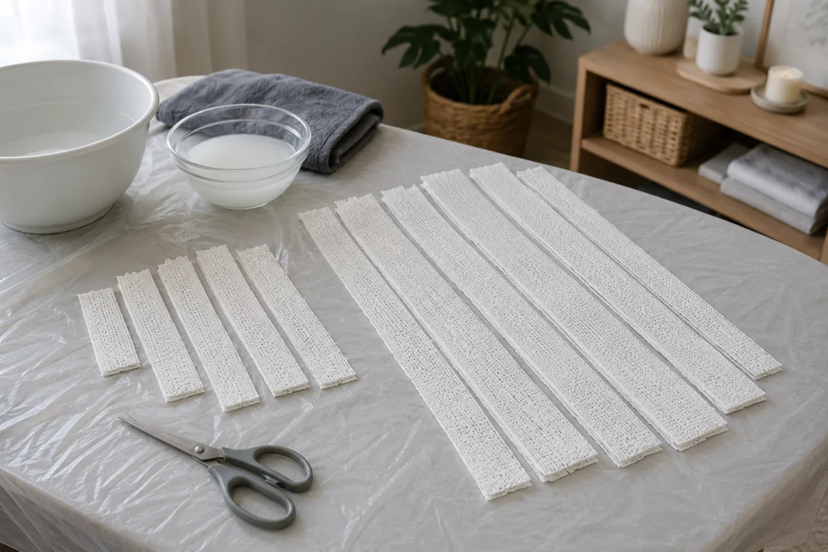 Cut plaster gauze strips for belly cast