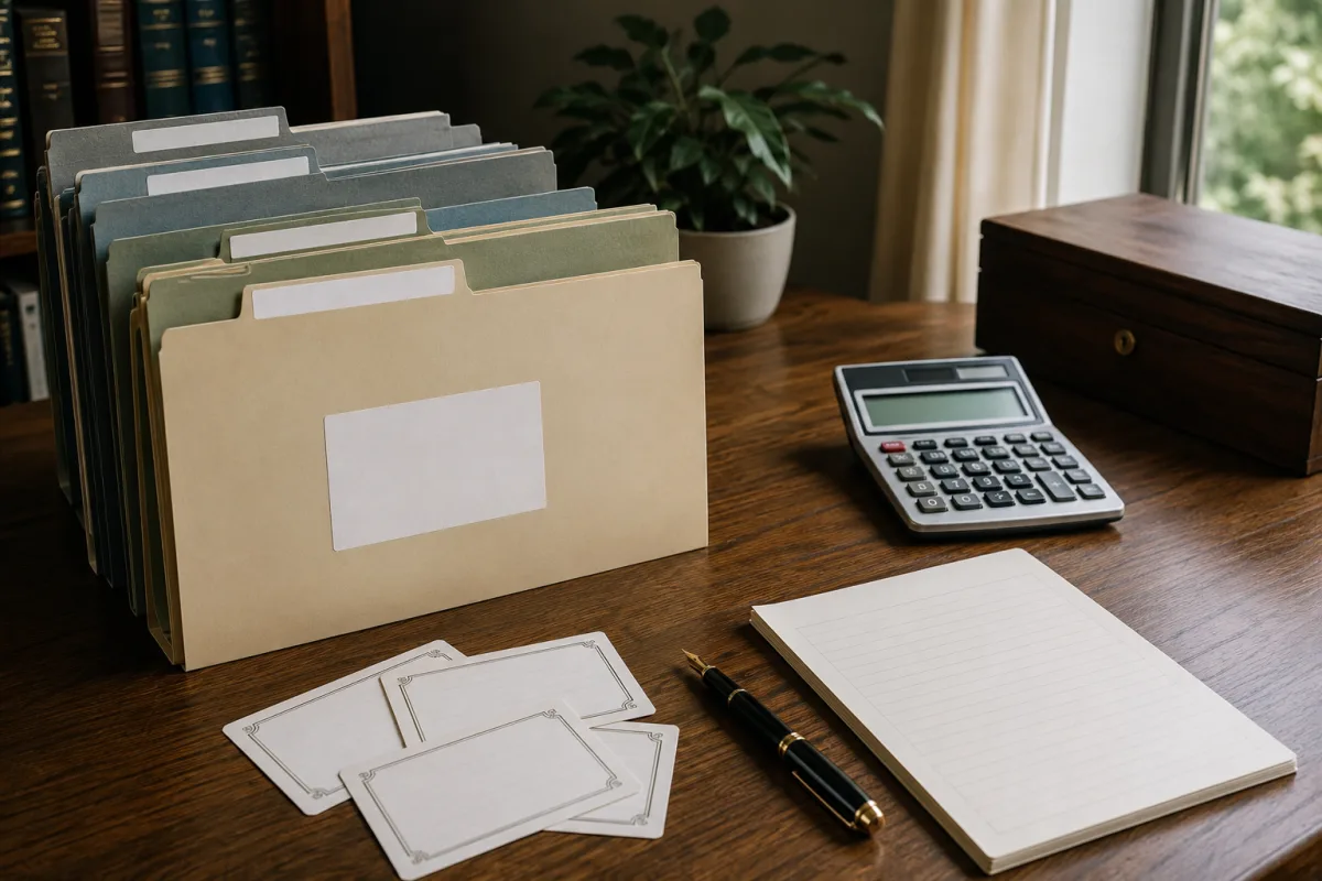 Estate planning notes with trust folders and beneficiary cards