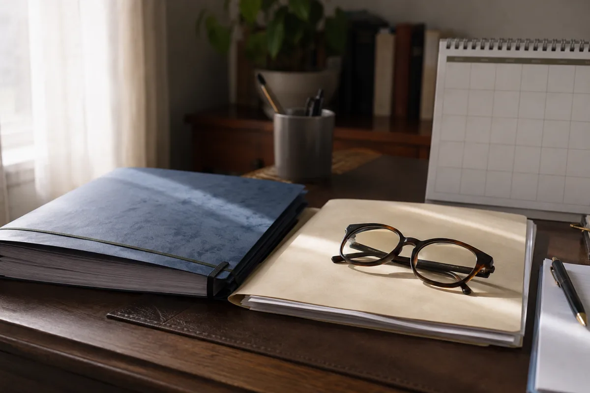 Home deed and long-term care planning folder on a desk