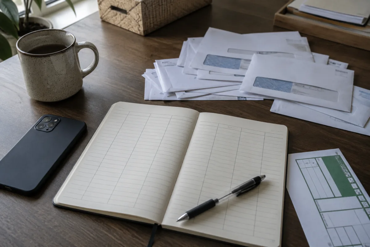 Notebook tracking debt collector calls beside a phone and bills