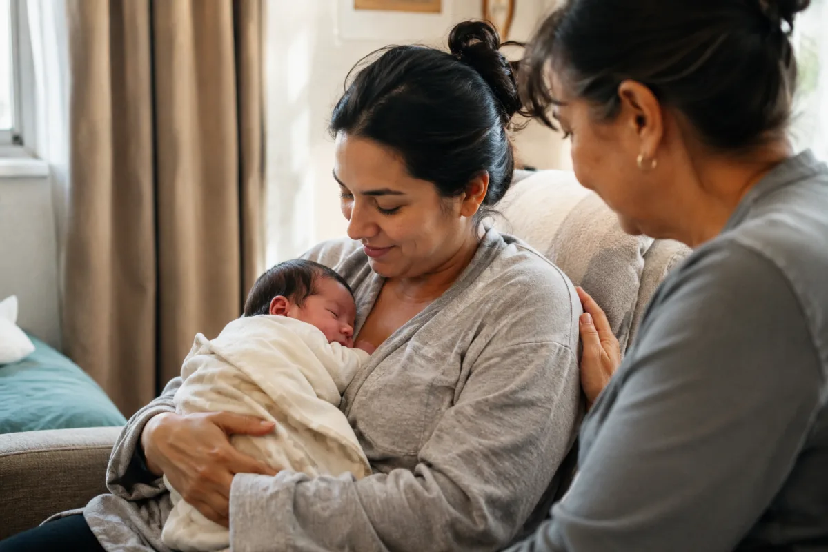 Chemo patient safely holding newborn with clean blanket
