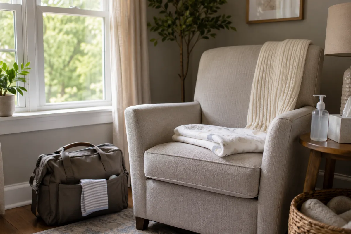 Calm room prepared for newborn visit with chemo patient