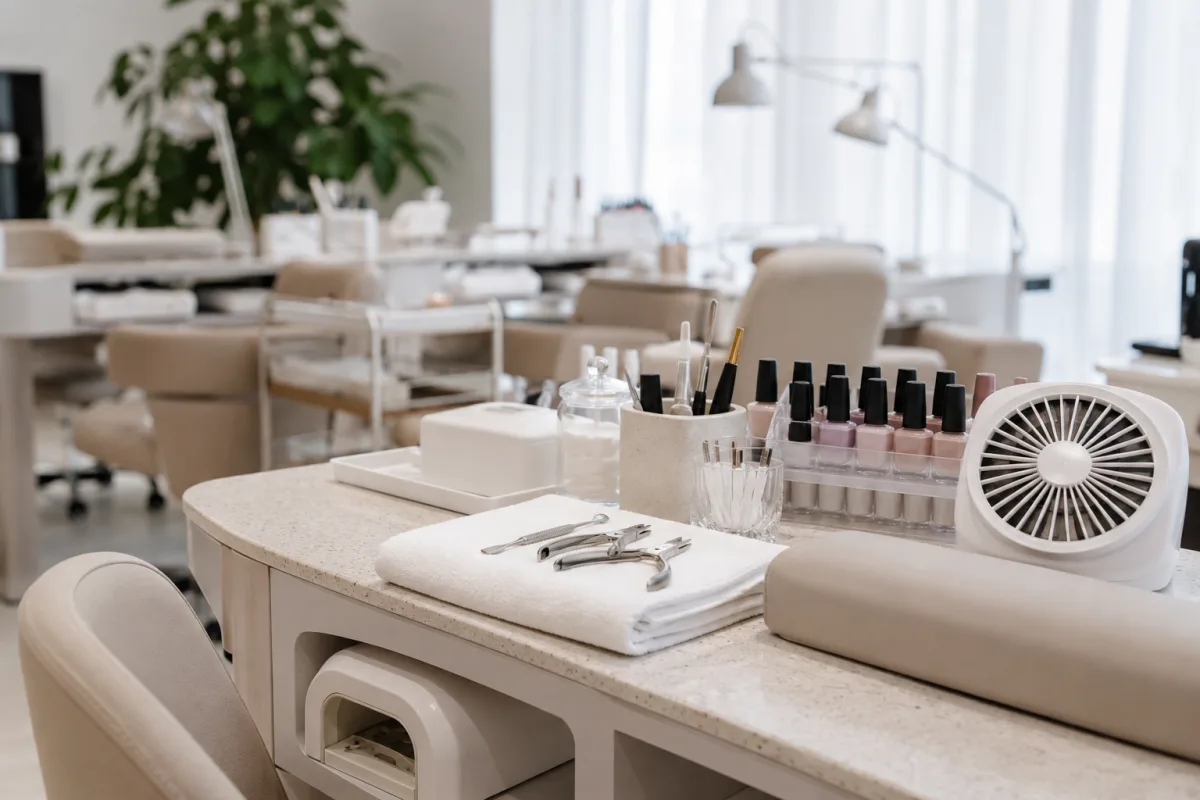 Clean ventilated nail salon setup for pregnancy comfort