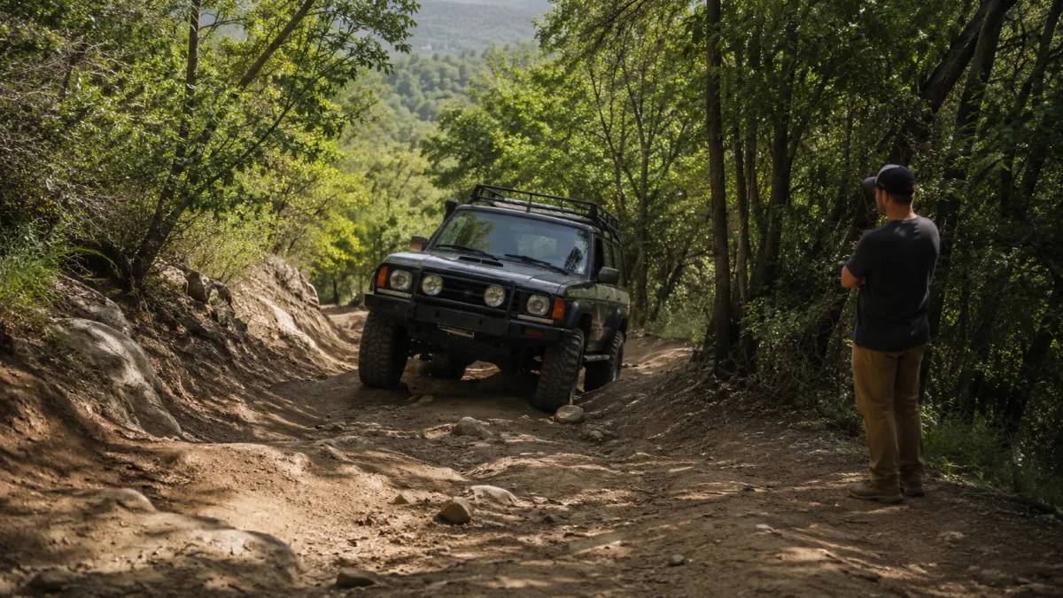 Jeep on wooded East Texas off-road trail
