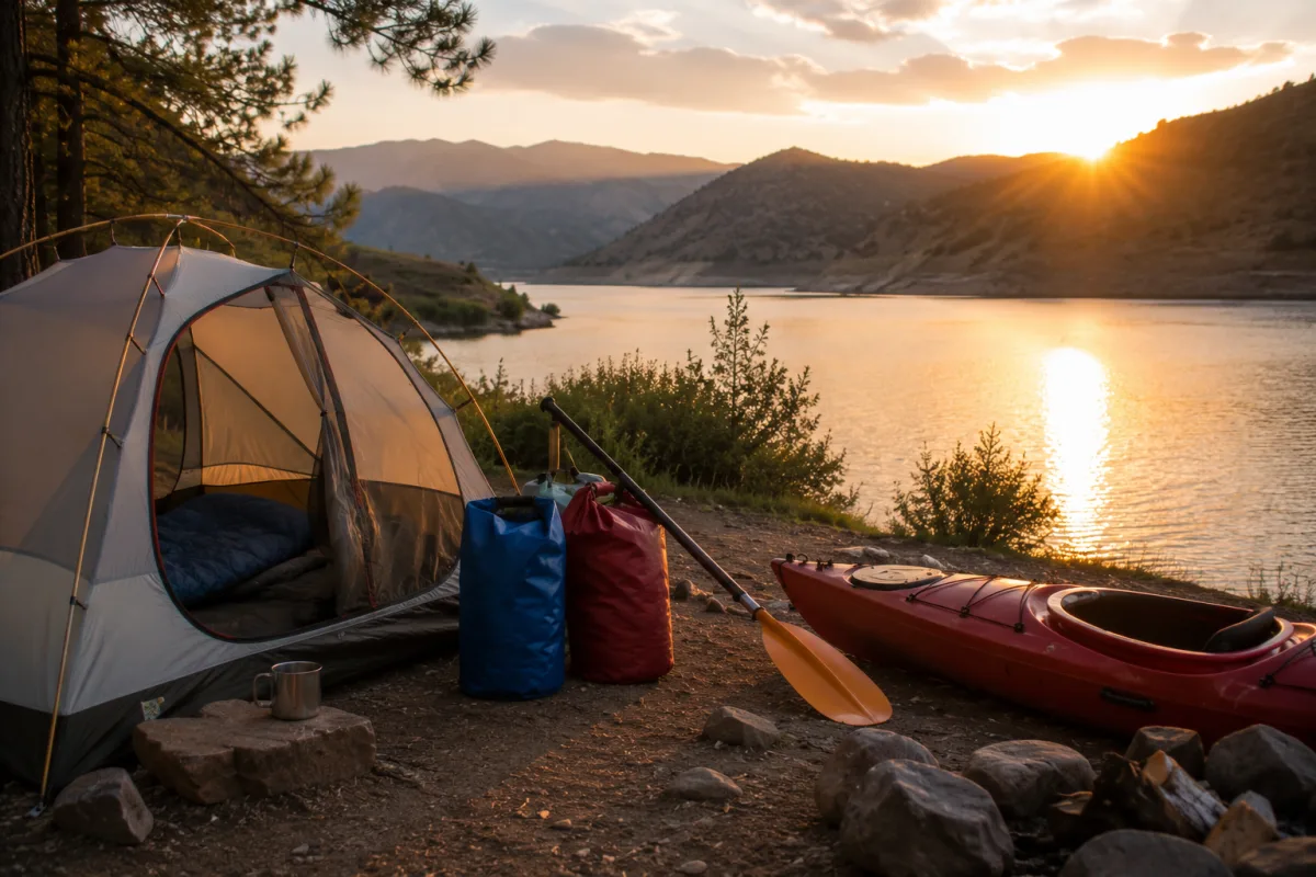 Campsite near Carter Lake with kayak gear