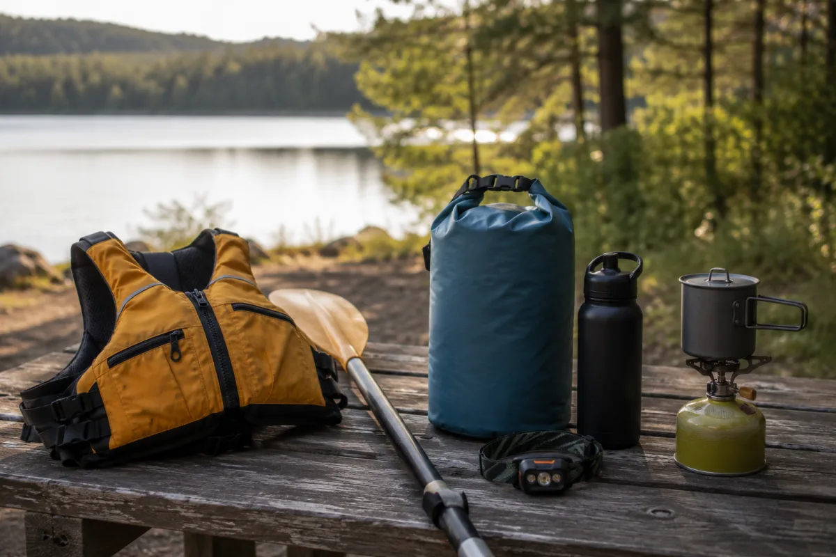 Kayaking and camping gear laid out before Carter Lake trip