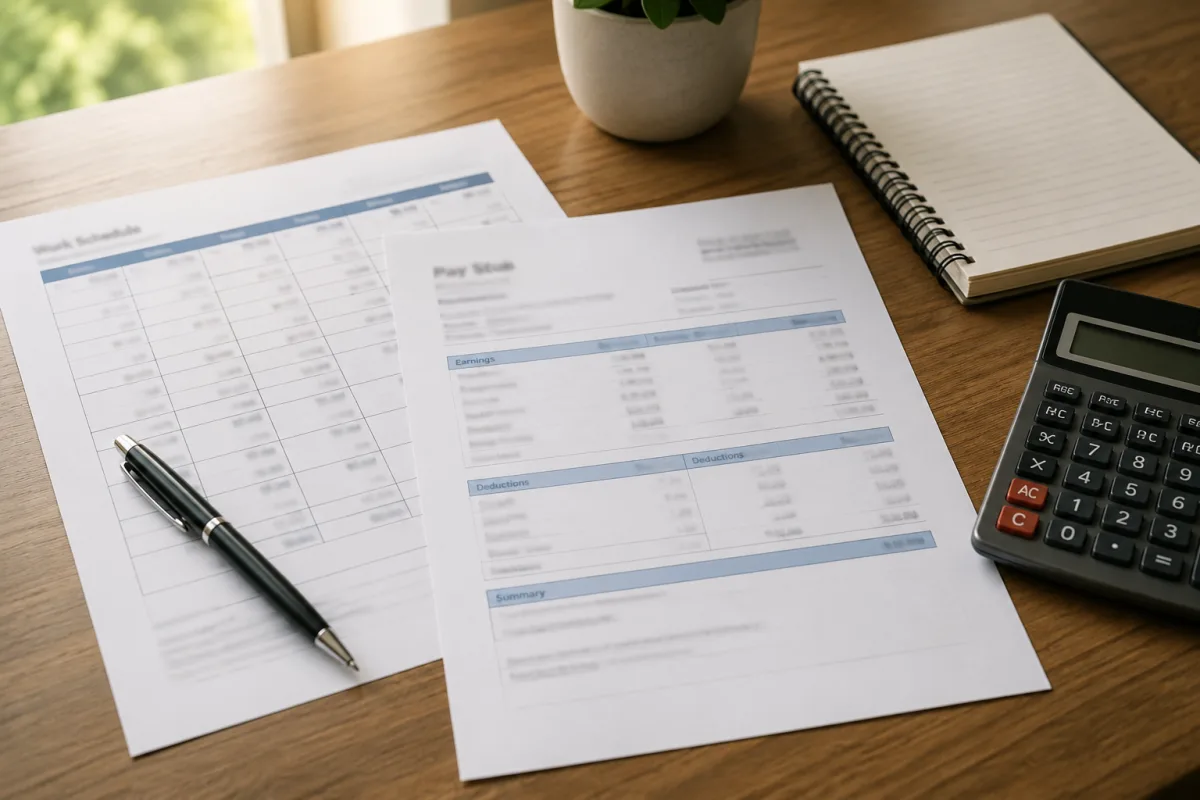 Employee reviewing pay stub and work schedule