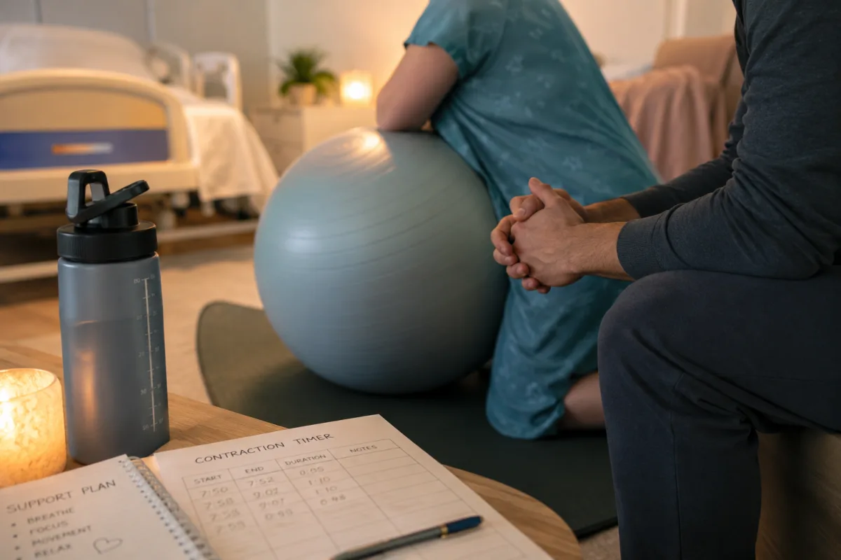 Partner support with birthing ball