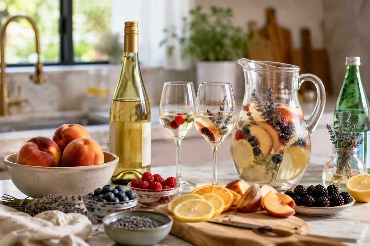 Lavender white sangria ingredients with white wine and fruit
