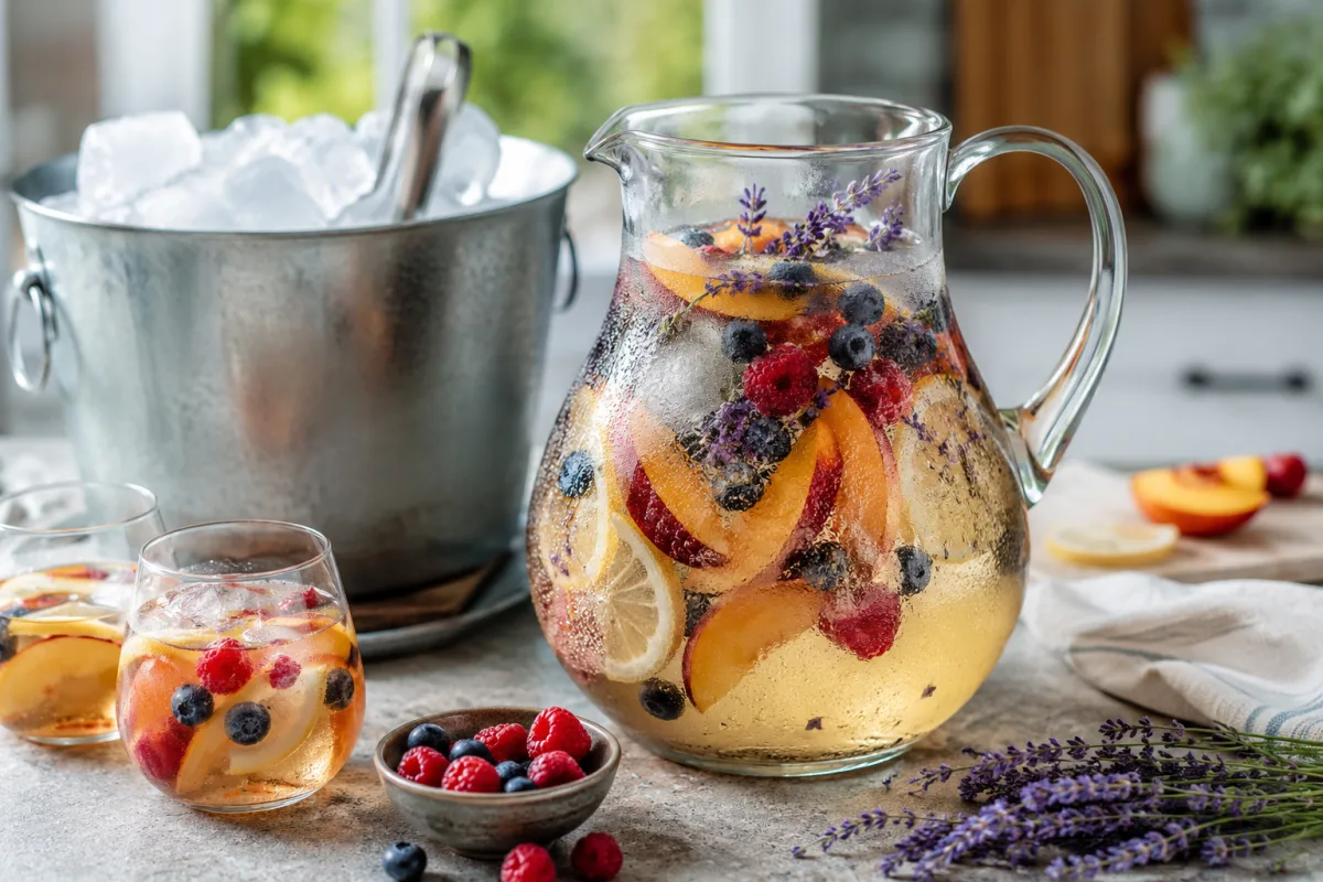 Pitcher of lavender white sangria chilling with fruit