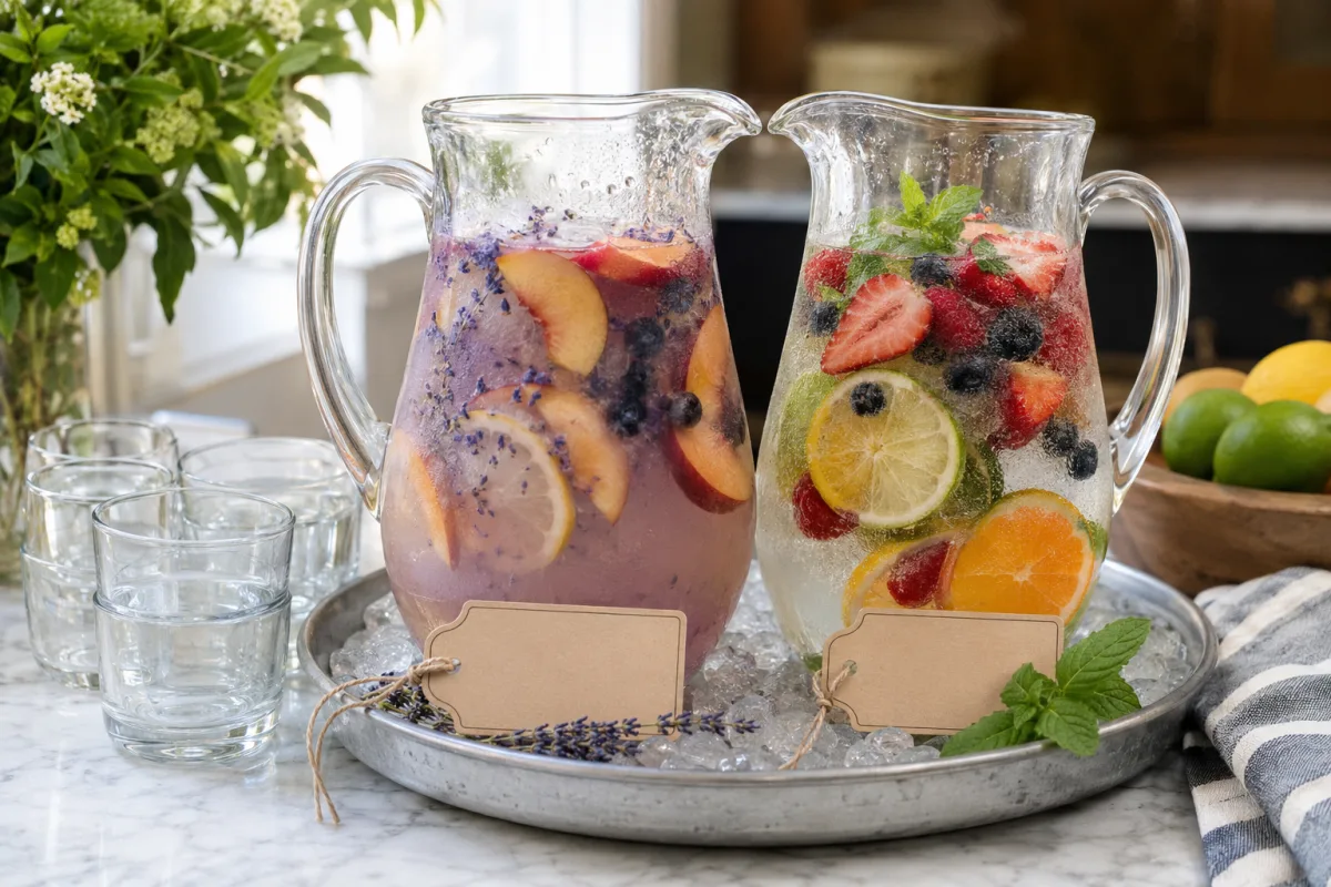 Clearly separated alcoholic sangria and nonalcoholic fruit spritzer