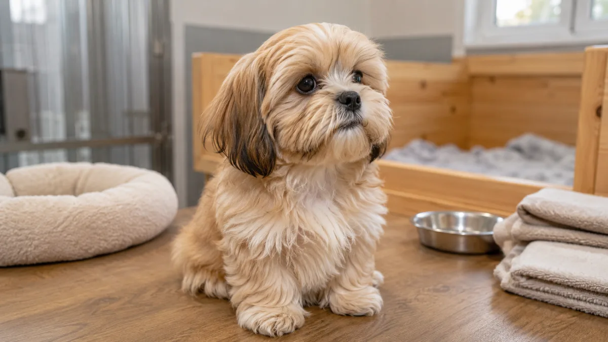 Lhasa Apso puppy being examined by a breeder at a clean kennel facility