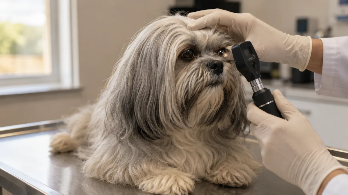 Veterinarian performing an eye examination on a Lhasa Apso