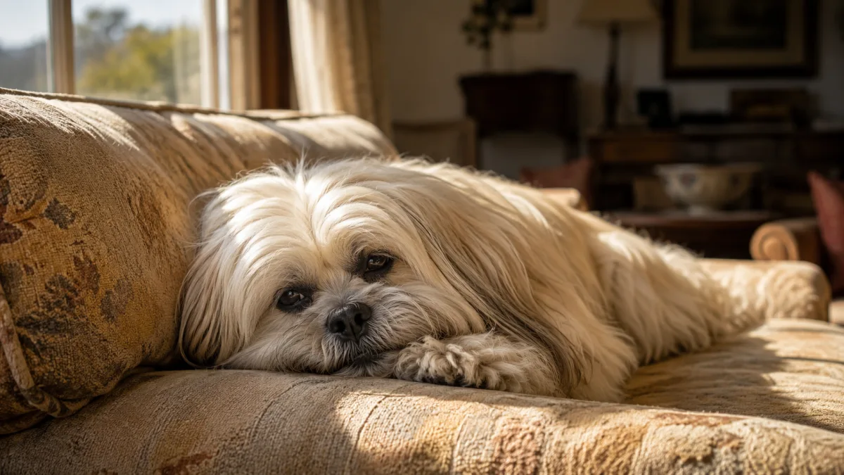 Elderly Lhasa Apso resting comfortably on a sunlit sofa
