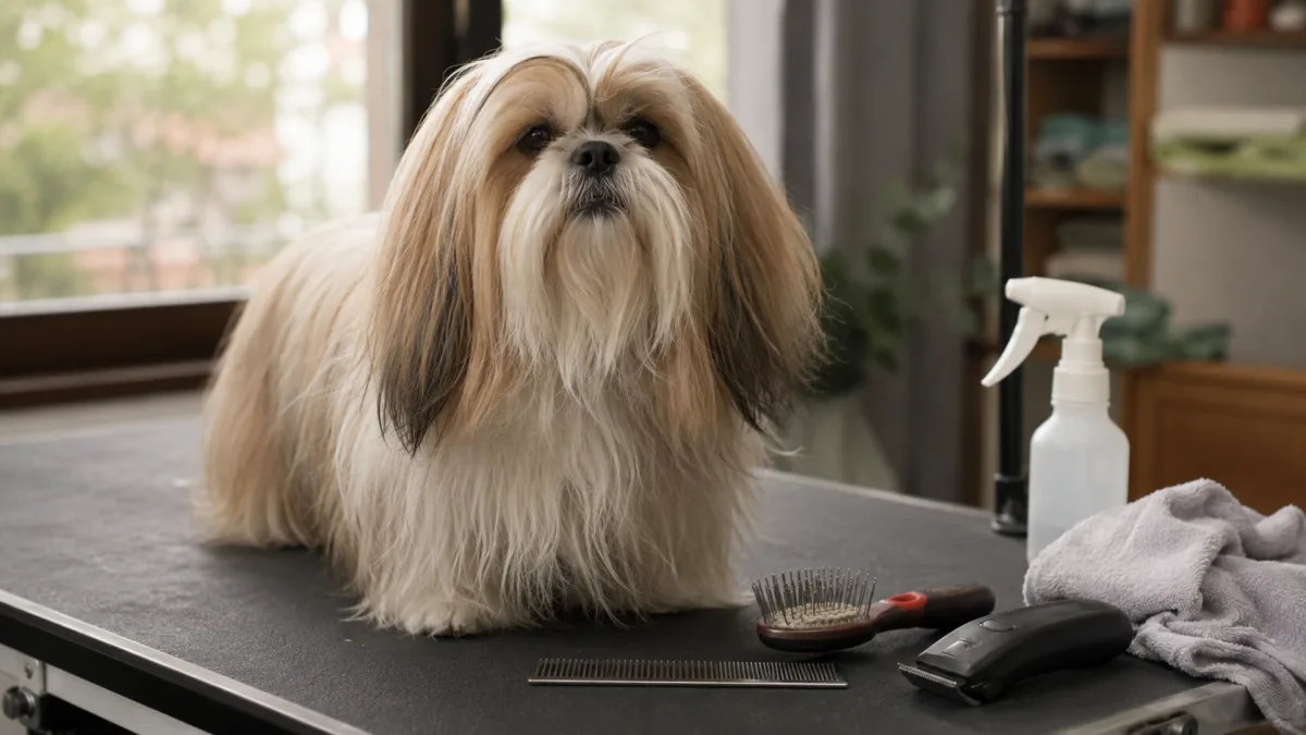 Lhasa Apso grooming table with coat tools