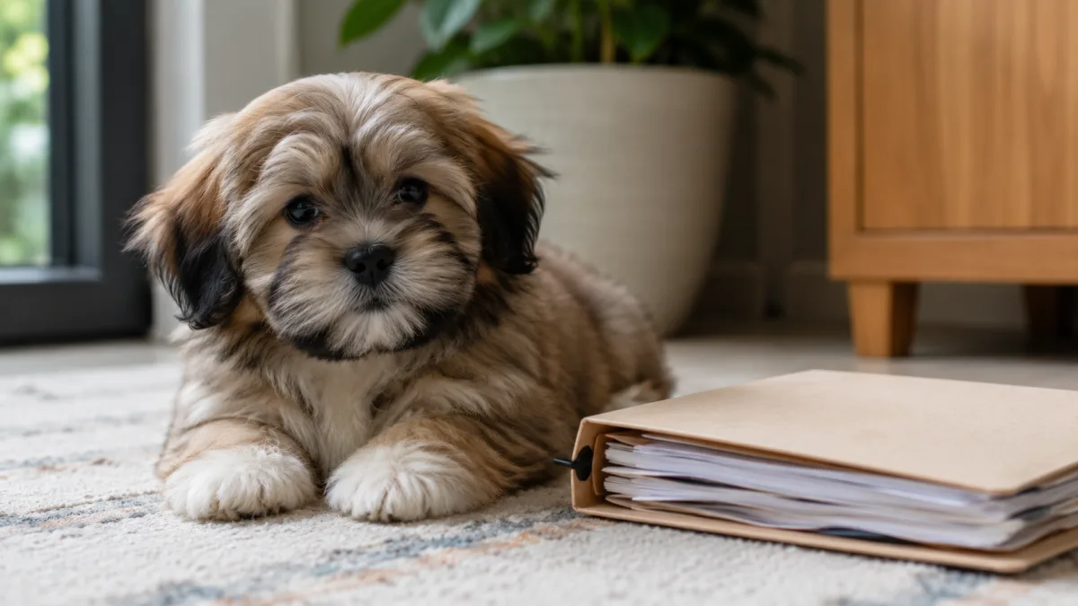Lhasa Apso puppy beside care paperwork