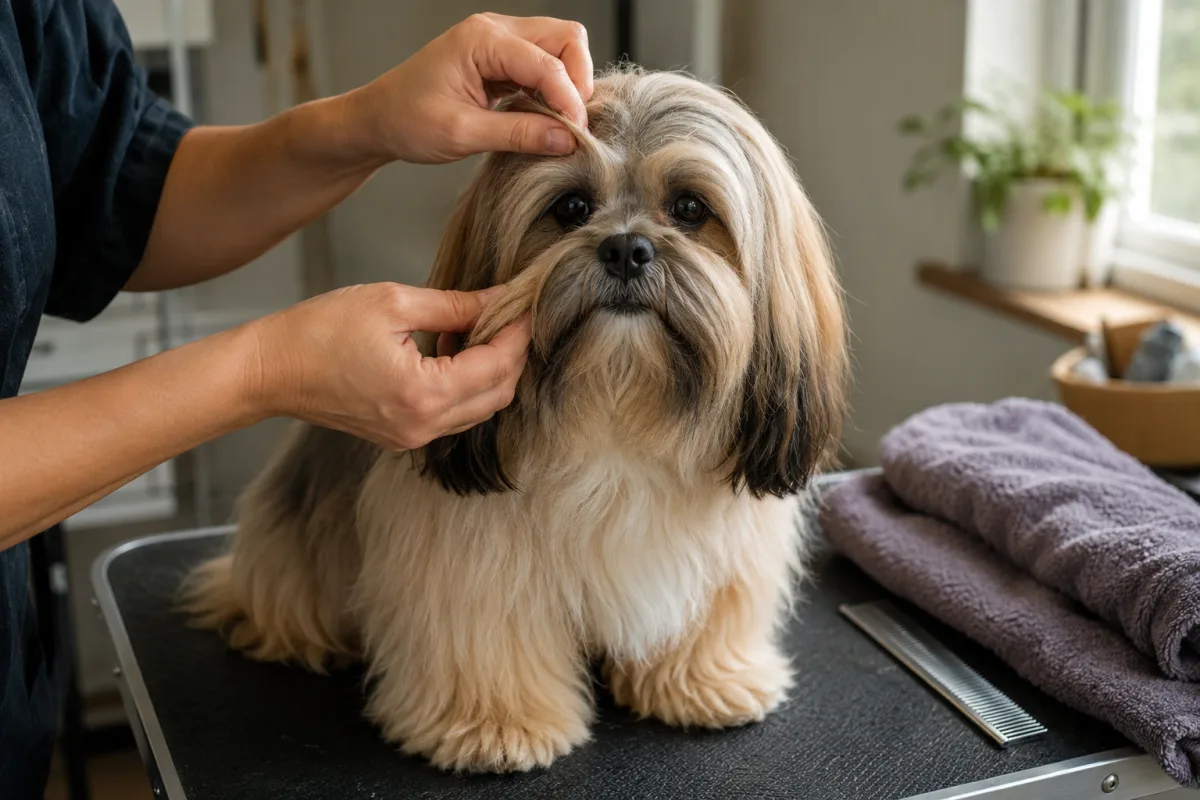 Lhasa Apso with face hair gently parted for an eye check