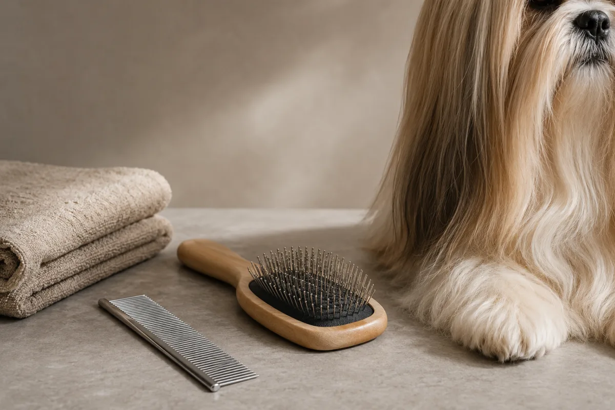 Lhasa Apso grooming tools arranged beside a long straight coat