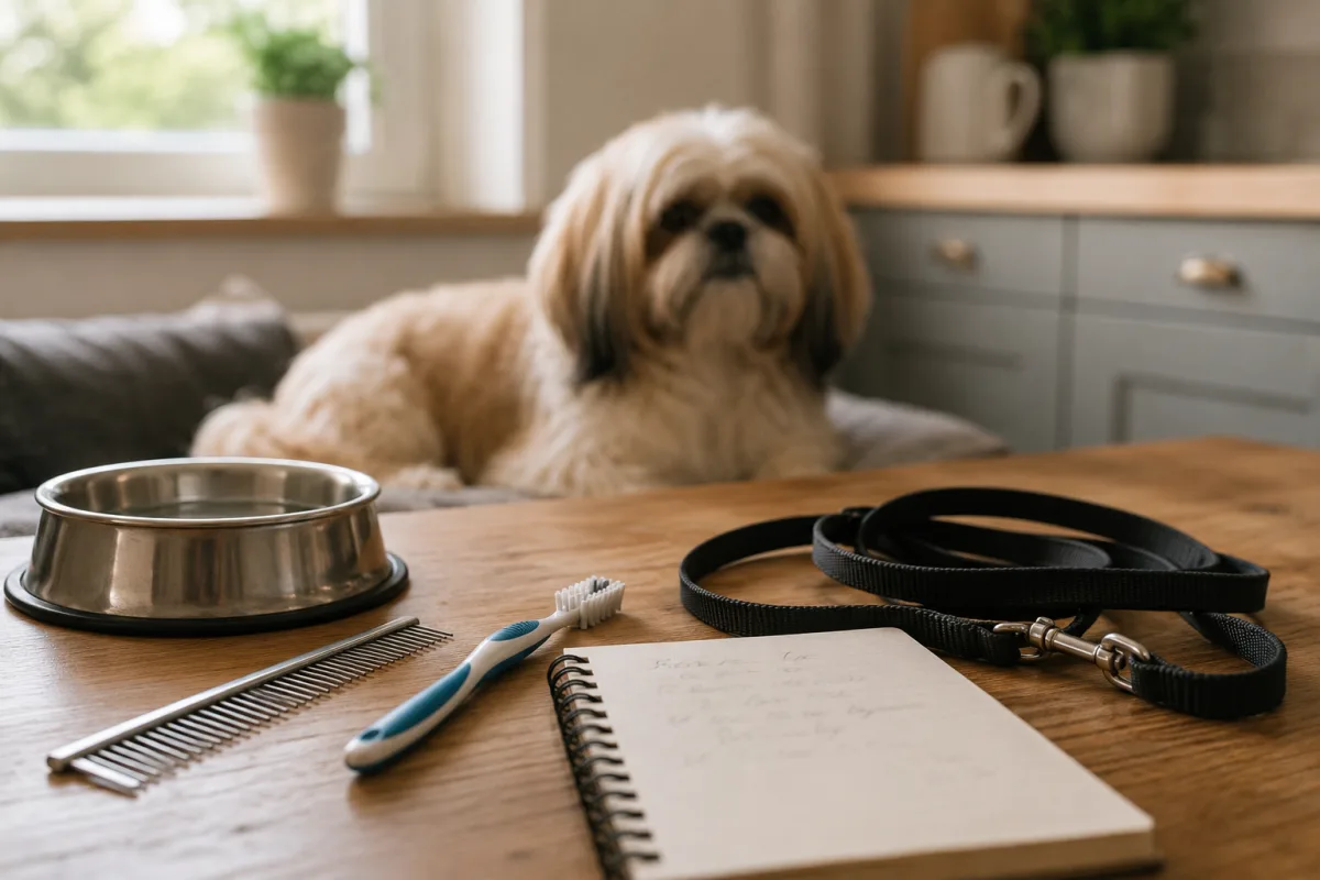 Small dog health routine setup with comb, toothbrush, leash, and notebook