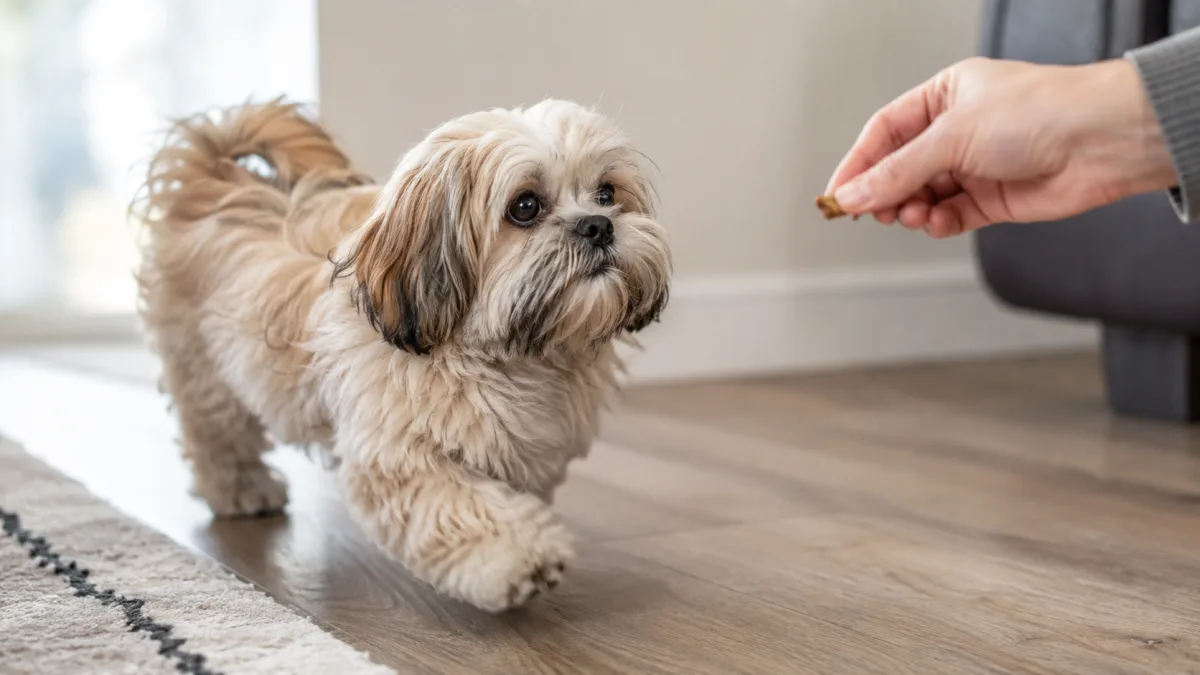Lhasa Apso practicing recall indoors