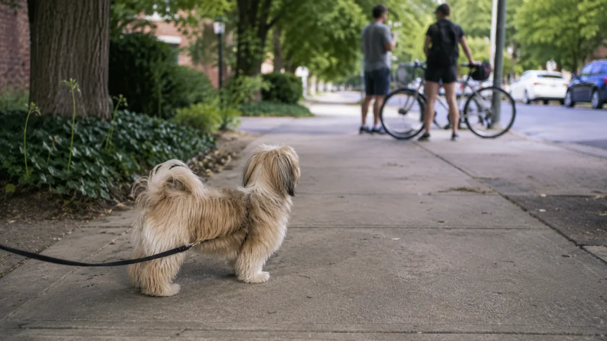 Lhasa Apso puppy observing a quiet street