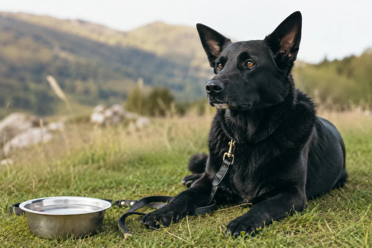 German Shepherd Black Lab mix resting outdoors