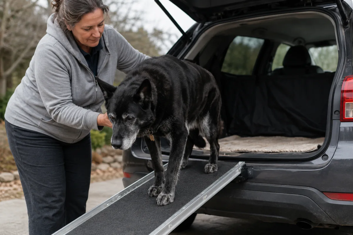 Senior German Shepherd Lab mix using ramp into car