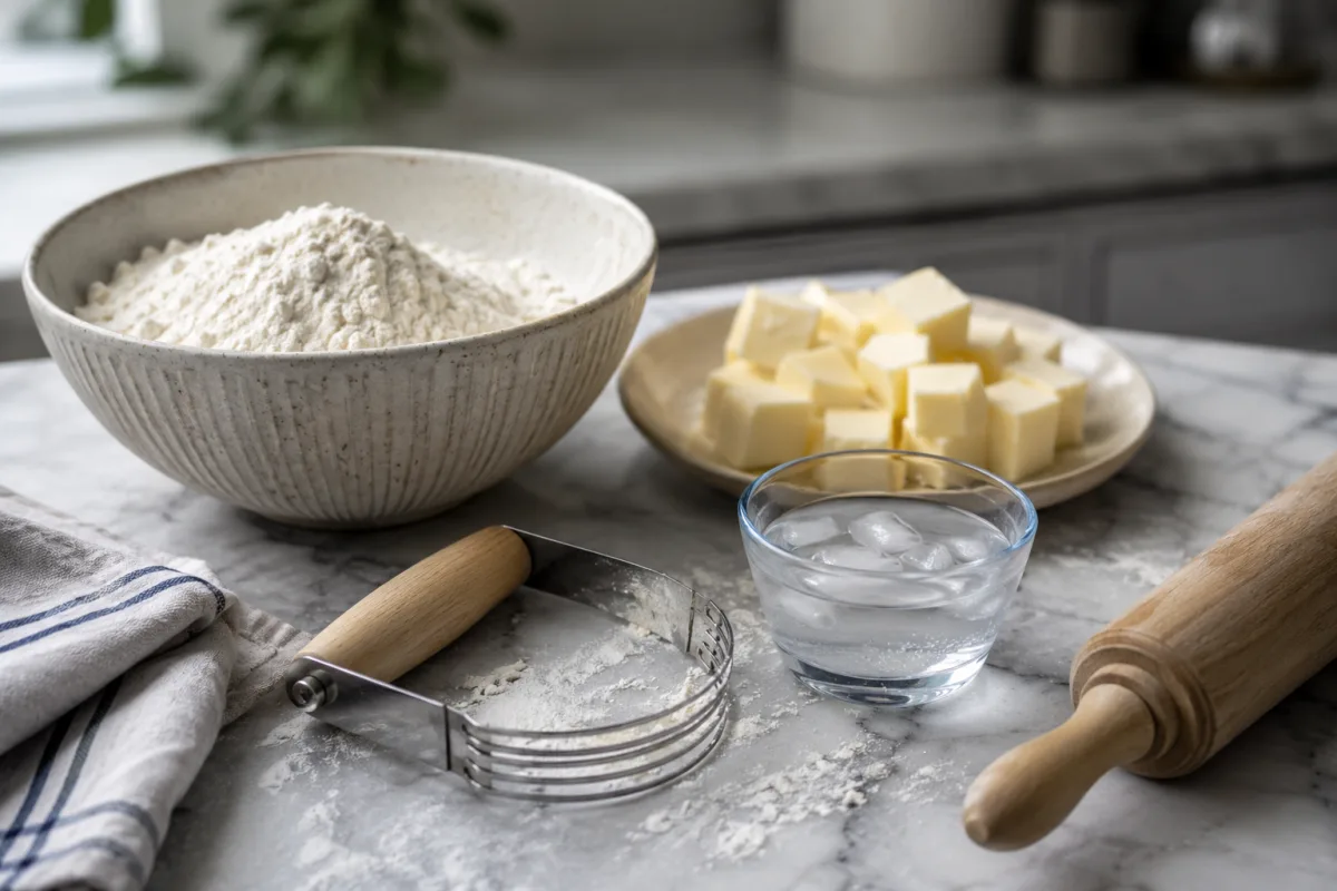 Cold butter cubes and flour for pie crust