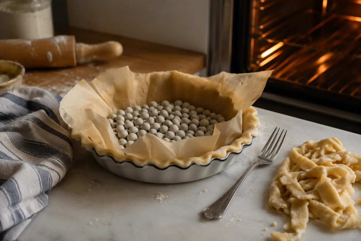 Pie shell lined with parchment and weights for blind baking